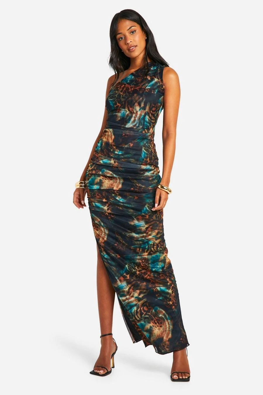 BOOHOO Tall Asymmetric Ruched Animal Print Maxi Dress 1 BOOHOO Tall Asymmetric Ruched Animal Print Maxi Dress
