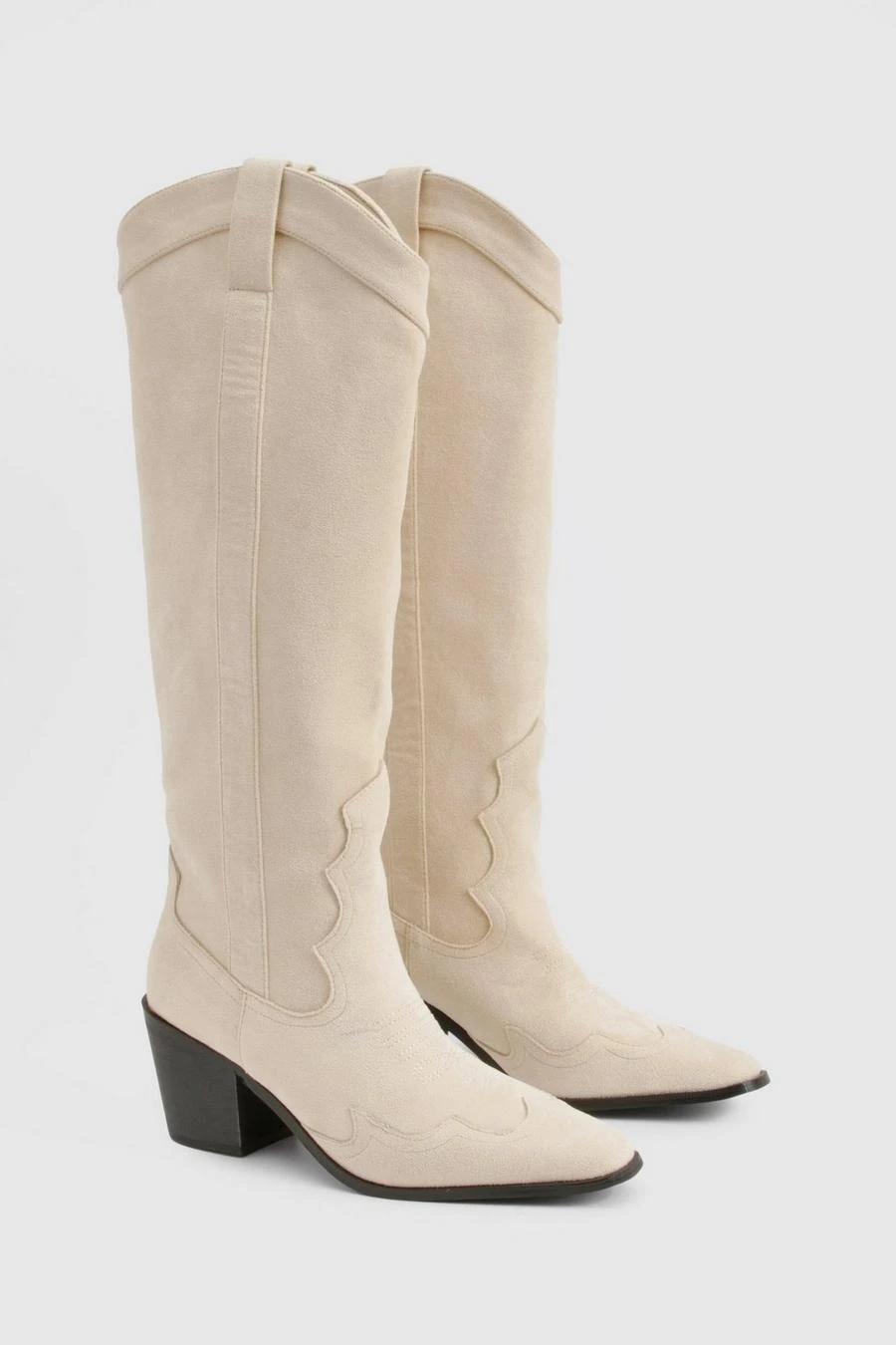 BOOHOO Knee High Heeled Faux Suede Western Cowboy Boots 2 BOOHOO Knee High Heeled Faux Suede Western Cowboy Boots - Image 2