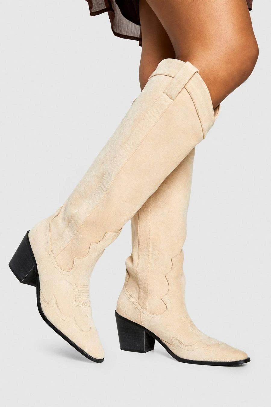 BOOHOO Knee High Heeled Faux Suede Western Cowboy Boots 1 BOOHOO Knee High Heeled Faux Suede Western Cowboy Boots
