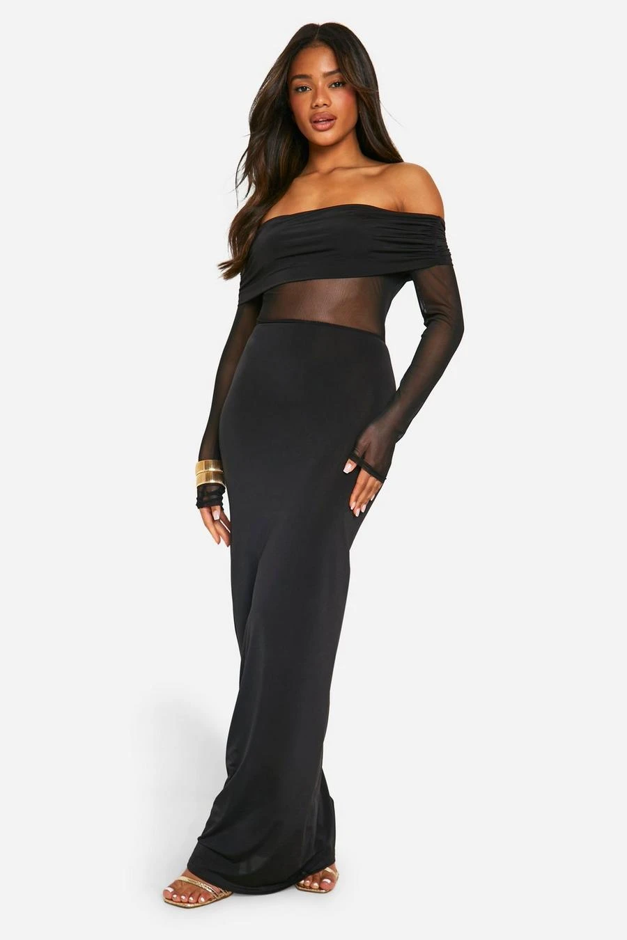 BOOHOO Bardot Slinky Mesh Insert Maxi Dress 3 BOOHOO Bardot Slinky Mesh Insert Maxi Dress - Image 3