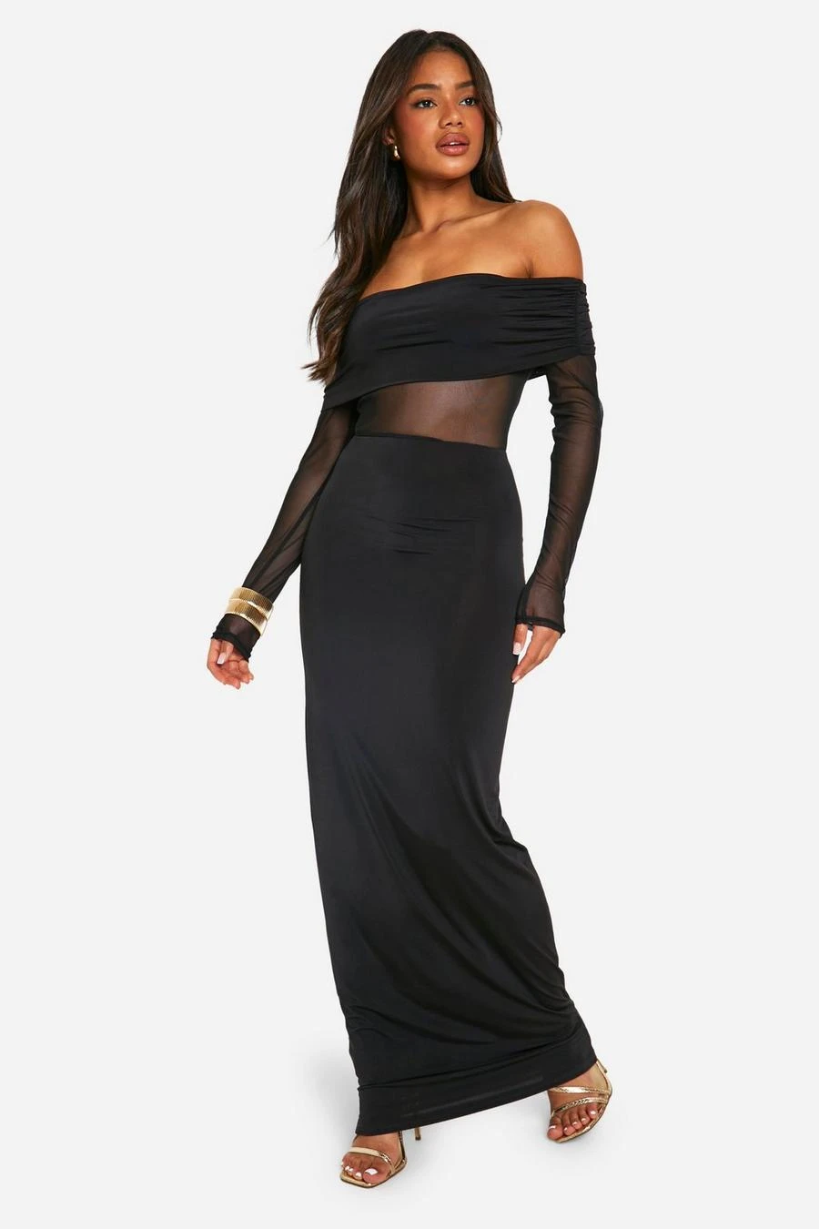 BOOHOO Bardot Slinky Mesh Insert Maxi Dress 1 BOOHOO Bardot Slinky Mesh Insert Maxi Dress