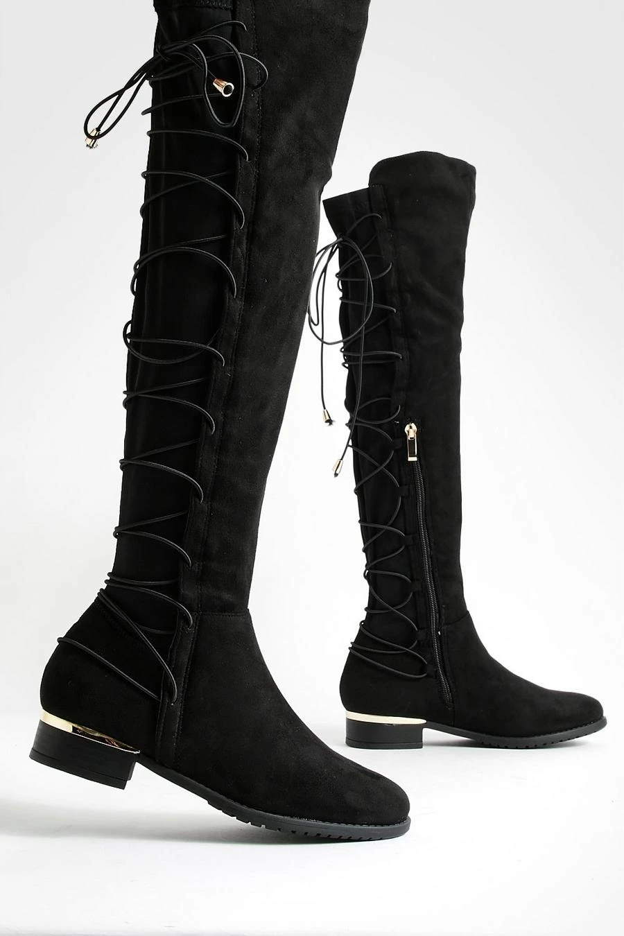 BOOHOO Bungee Lace Back Faux Suede Knee High Boots 4 BOOHOO Bungee Lace Back Faux Suede Knee High Boots - Image 4