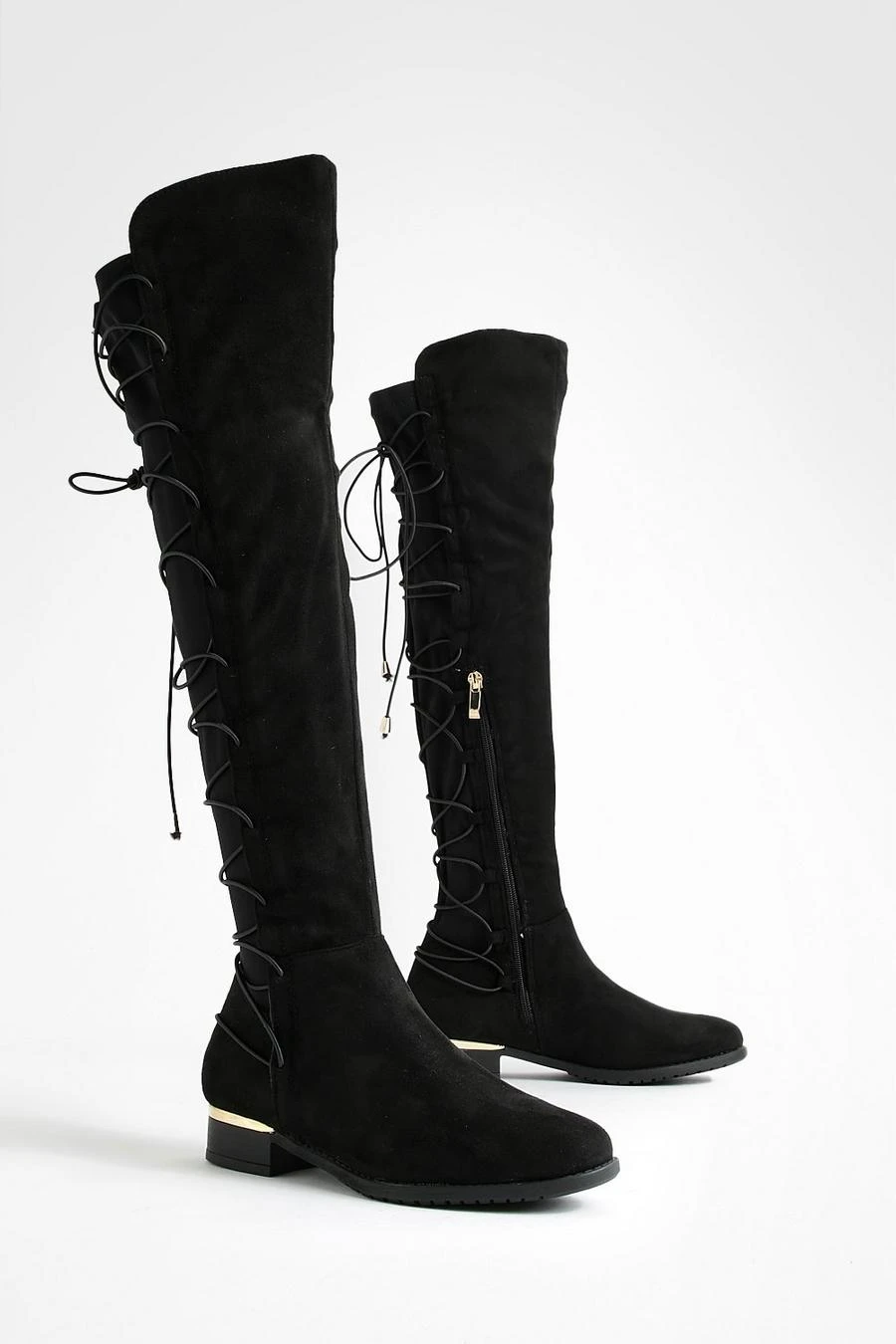BOOHOO Bungee Lace Back Faux Suede Knee High Boots 1 BOOHOO Bungee Lace Back Faux Suede Knee High Boots