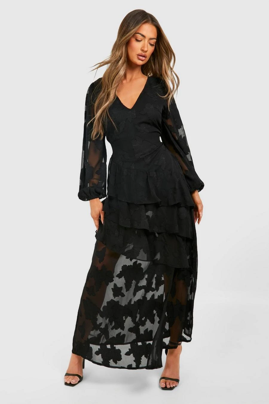 BOOHOO Burnout Floral Frill Detail Maxi Dress 1 BOOHOO Burnout Floral Frill Detail Maxi Dress