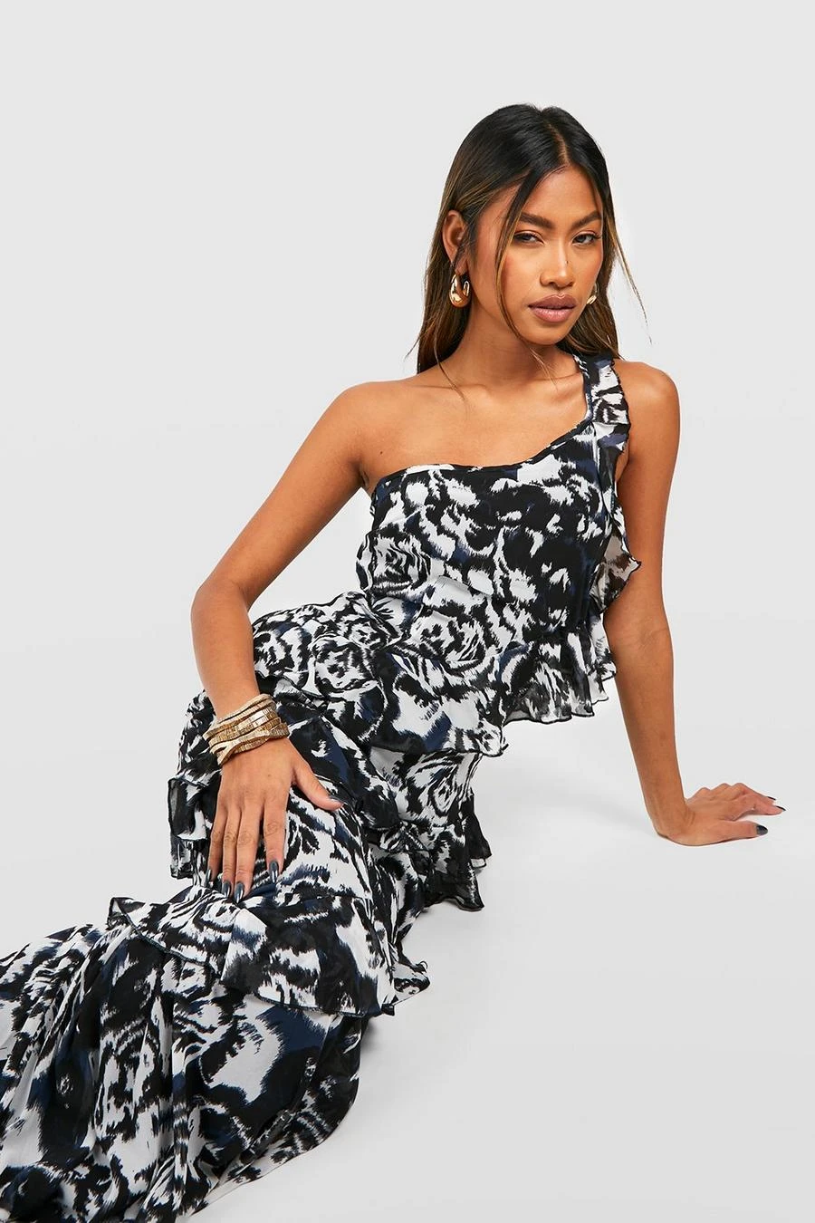 BOOHOO Chiffon Printed One Shoulder Maxi Dress 1 BOOHOO Chiffon Printed One Shoulder Maxi Dress
