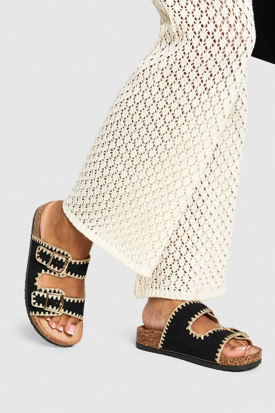 BOOHOO Contrast Stitch Detail Double Buckle Sliders 1 BOOHOO Contrast Stitch Detail Double Buckle Sliders