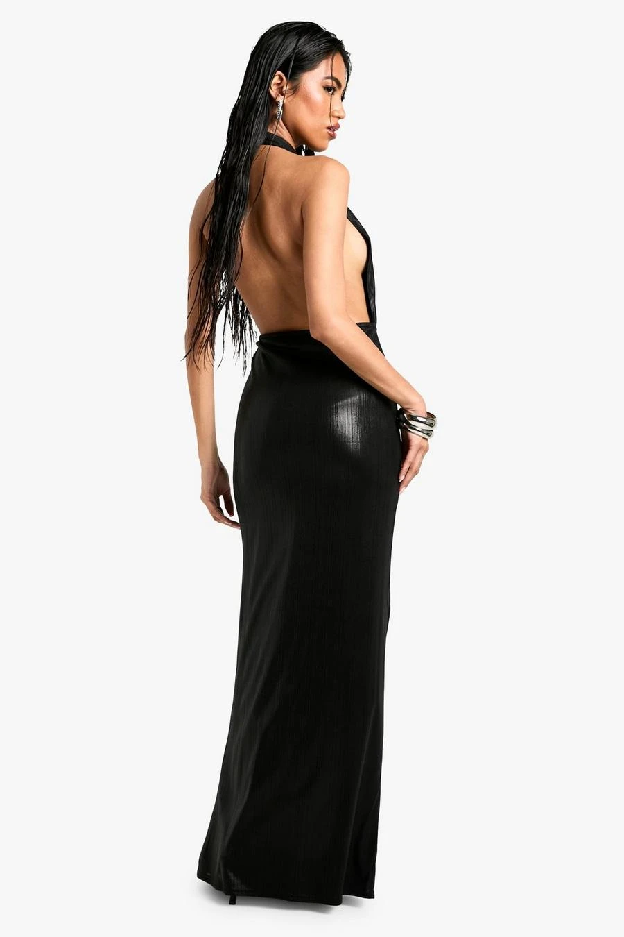BOOHOO Cowl Ruched Metallic Foil Rib Maxi Dress 2 BOOHOO Cowl Ruched Metallic Foil Rib Maxi Dress - Image 2