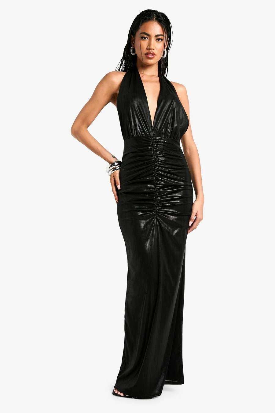 BOOHOO Cowl Ruched Metallic Foil Rib Maxi Dress 3 BOOHOO Cowl Ruched Metallic Foil Rib Maxi Dress - Image 3