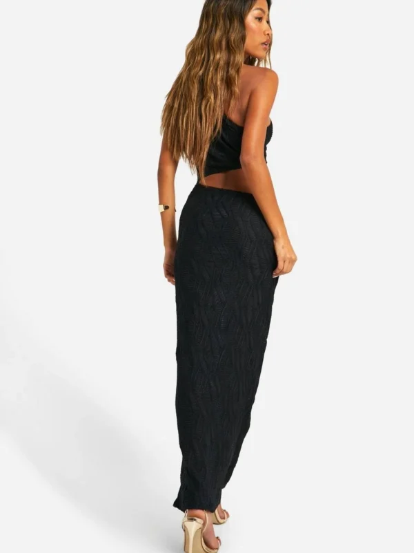 Outlet -BamBam Fashion Shop female black crinkle textured one shoulder maxi dress 1