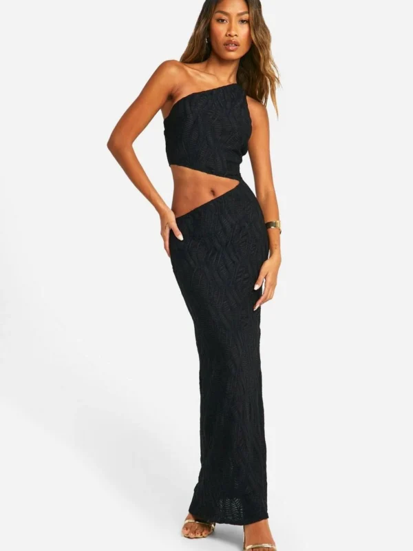 Outlet -BamBam Fashion Shop female black crinkle textured one shoulder maxi dress
