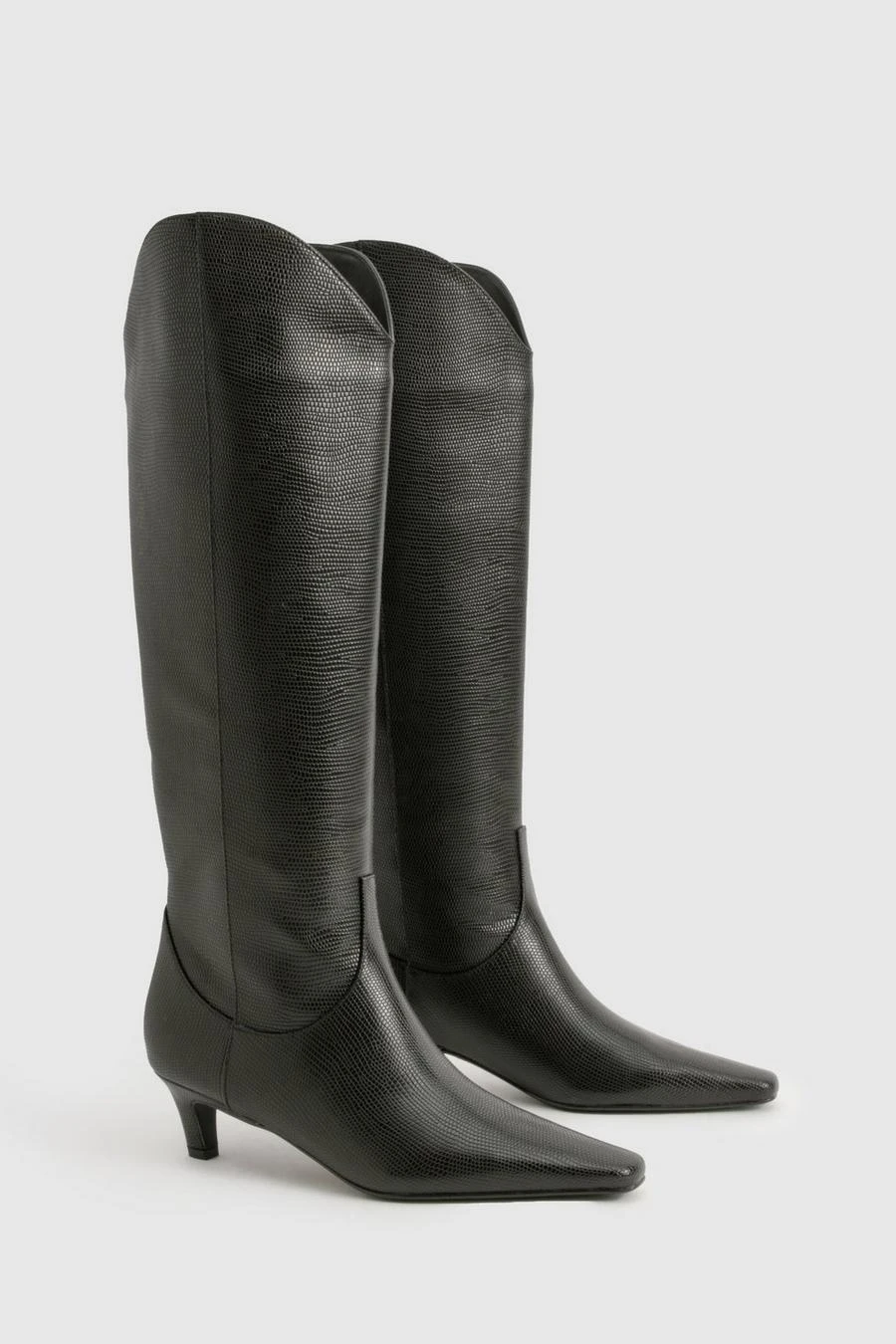 BOOHOO Croc Low Heel Knee High Boots 2 BOOHOO Croc Low Heel Knee High Boots - Image 2