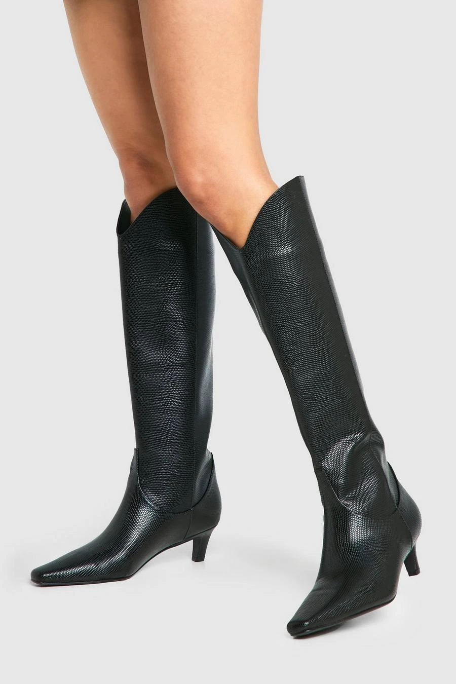 BOOHOO Croc Low Heel Knee High Boots 1 BOOHOO Croc Low Heel Knee High Boots