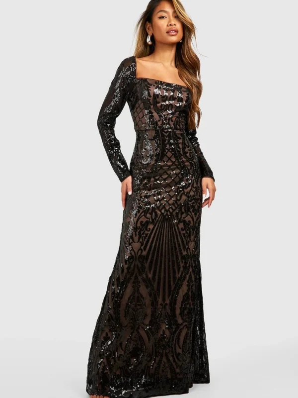 Outlet -BamBam Fashion Shop female black damask sequin fishtail maxi party dress 2