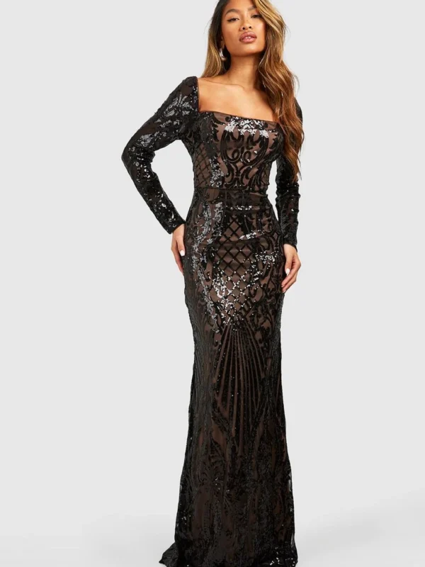 Outlet -BamBam Fashion Shop female black damask sequin fishtail maxi party dress
