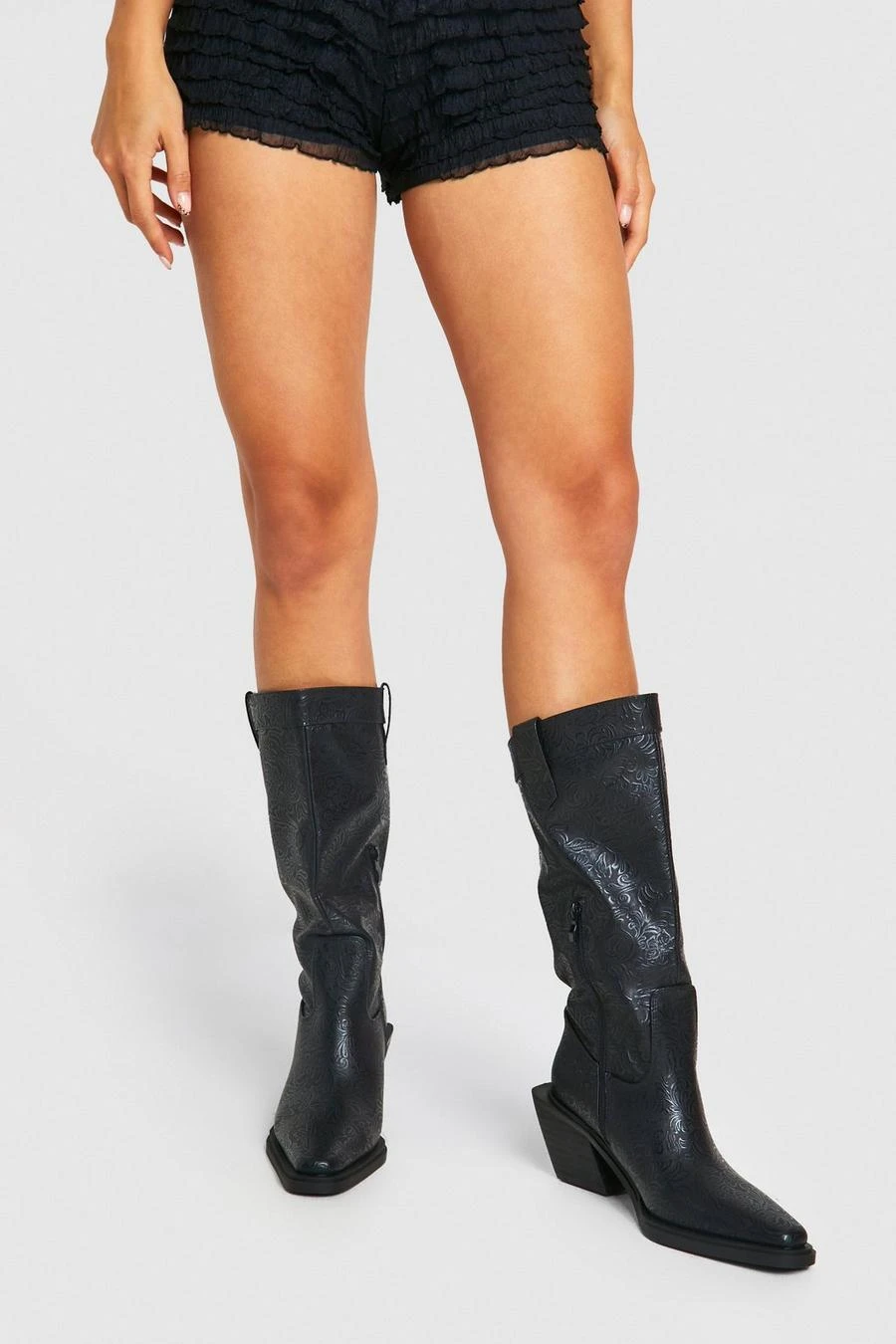 BOOHOO Embossed Pointed Western Knee High Boots 1 BOOHOO Embossed Pointed Western Knee High Boots