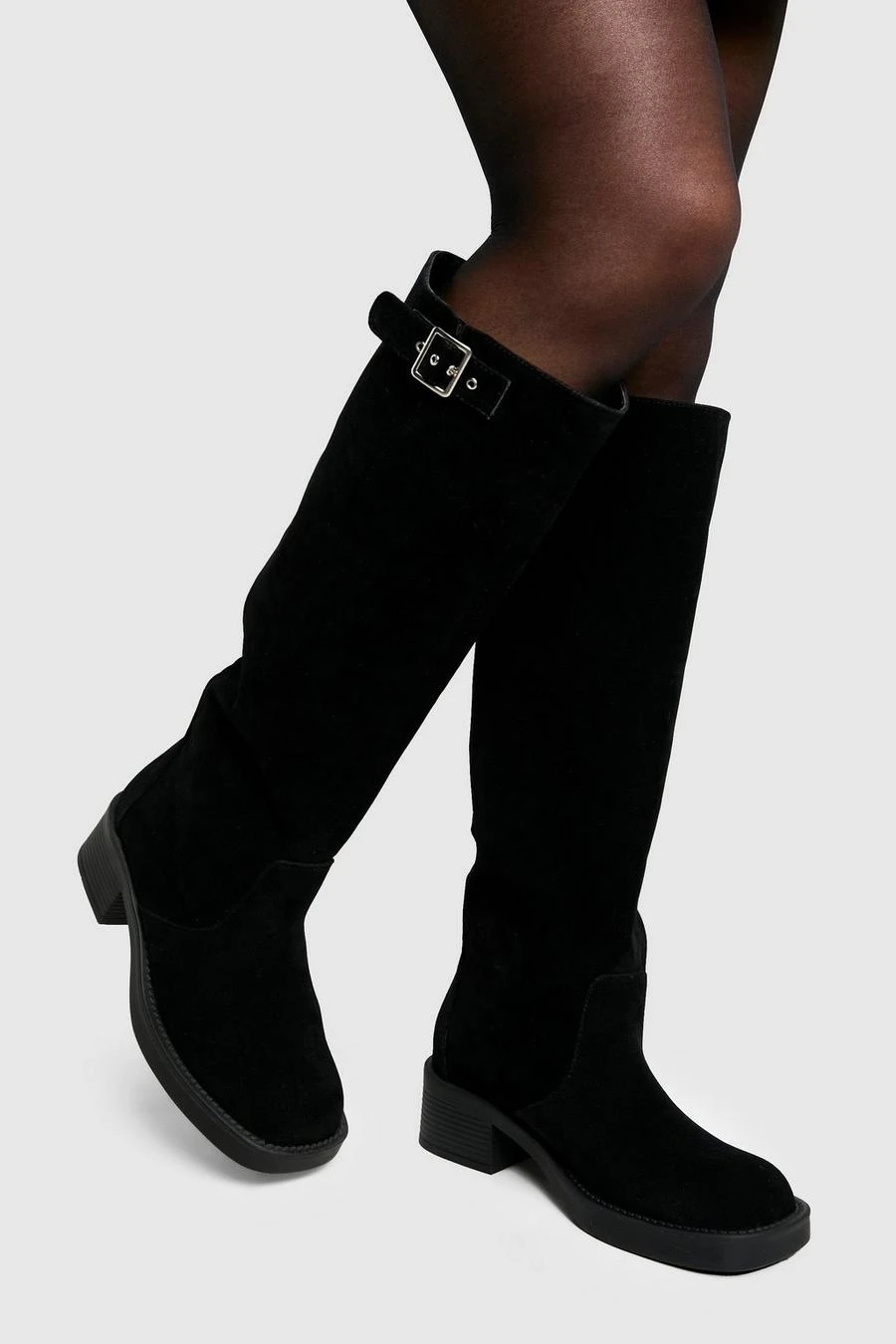 BOOHOO Faux Suede Buckle Detail Knee High Boot 1 BOOHOO Faux Suede Buckle Detail Knee High Boot