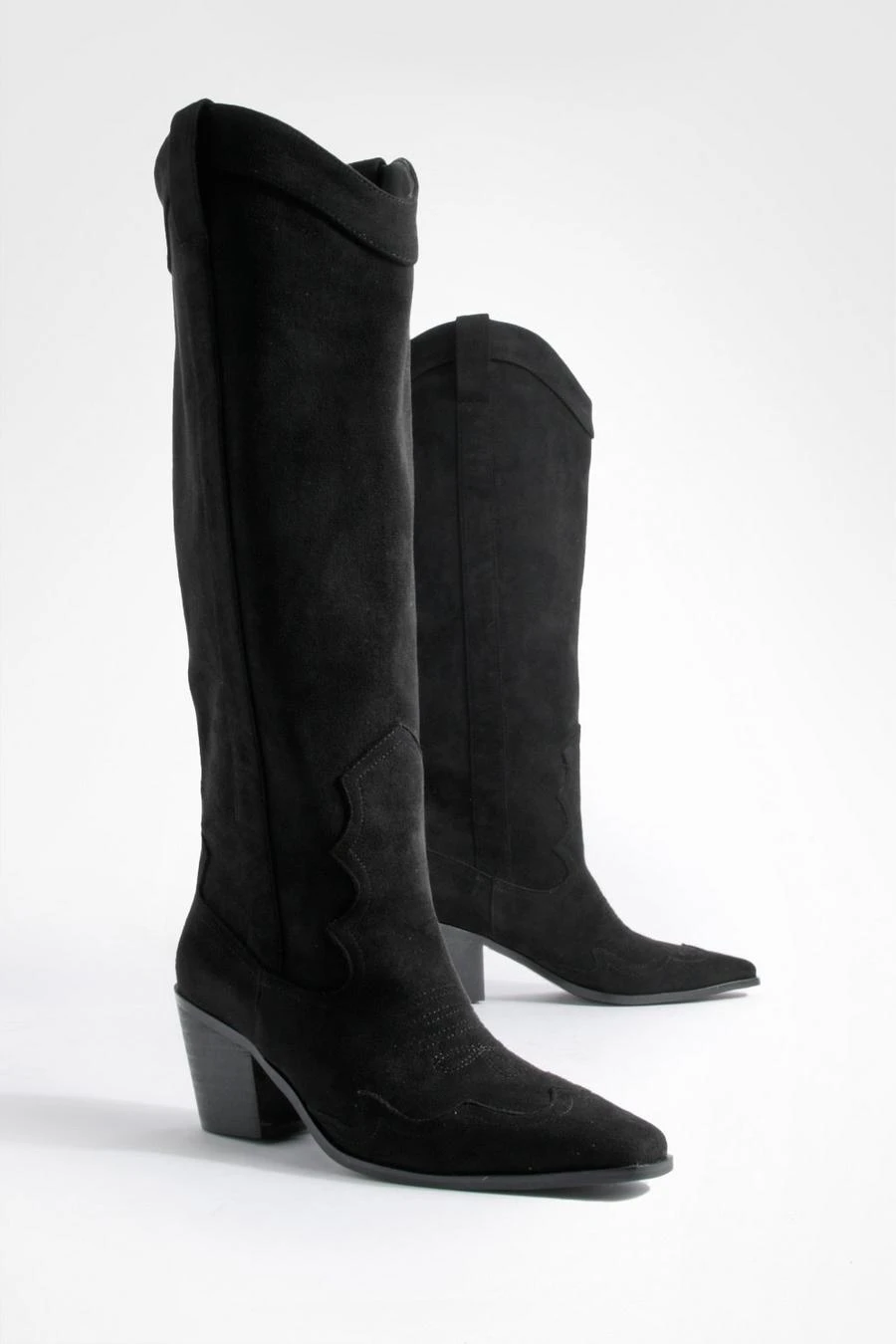 BOOHOO Faux Suede Knee High Heeled Western Cowboy Boots 2 BOOHOO Faux Suede Knee High Heeled Western Cowboy Boots - Image 2