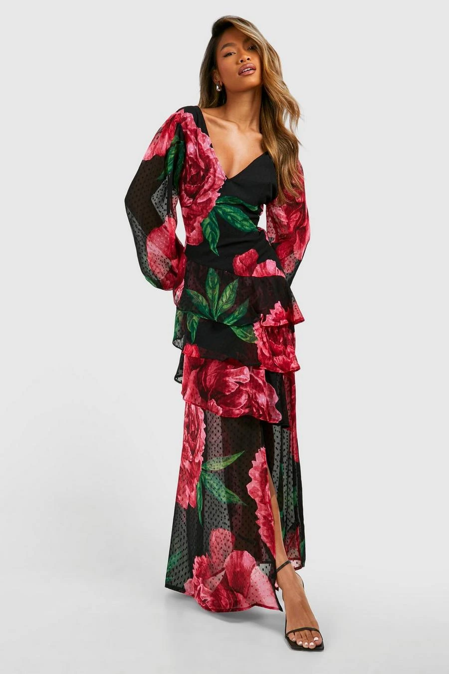 BOOHOO Floral Dobby Floral Frill Maxi Dress 1 BOOHOO Floral Dobby Floral Frill Maxi Dress