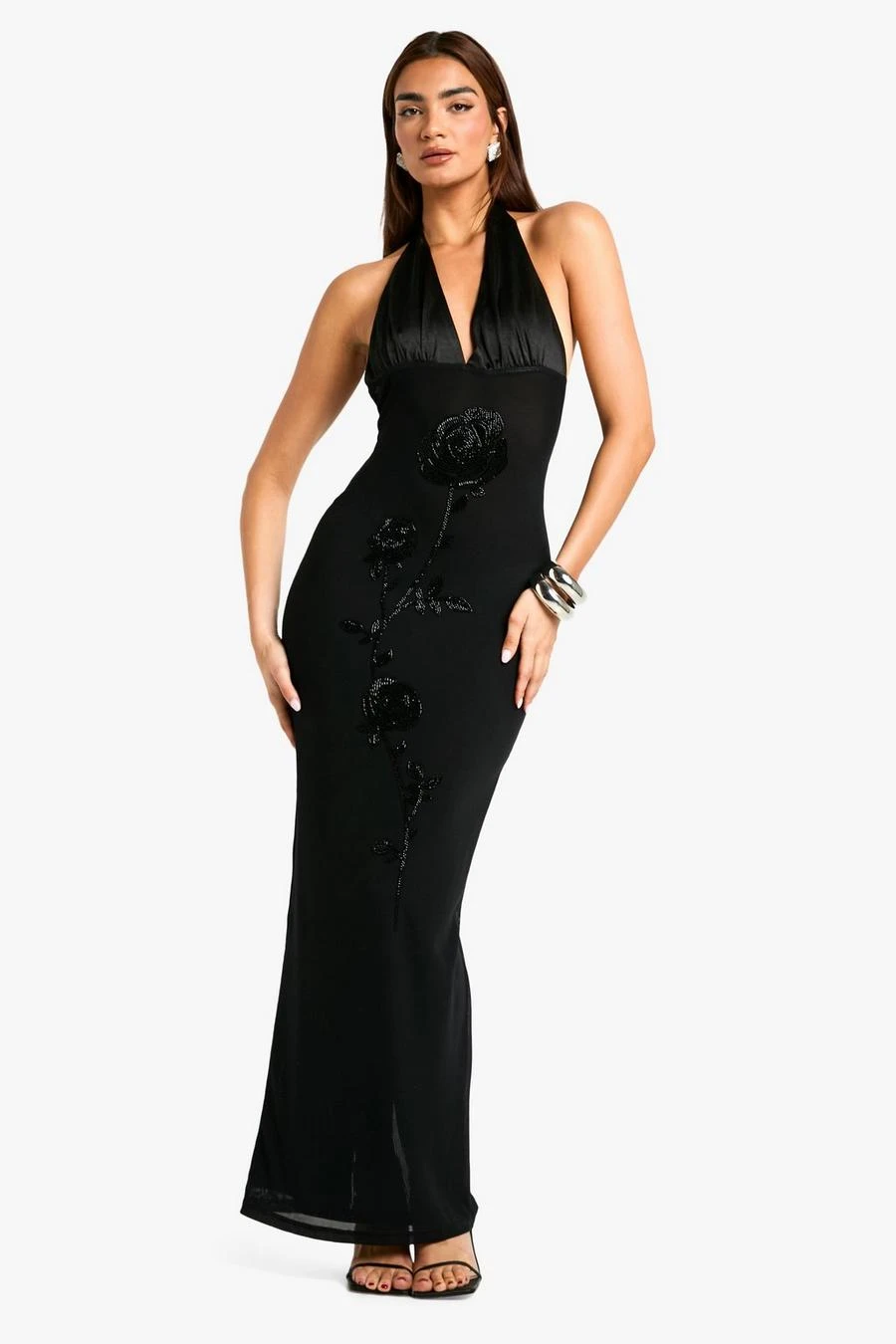 BOOHOO Floral Hand Embellished Halterneck Mesh Maxi Dress 1 BOOHOO Floral Hand Embellished Halterneck Mesh Maxi Dress