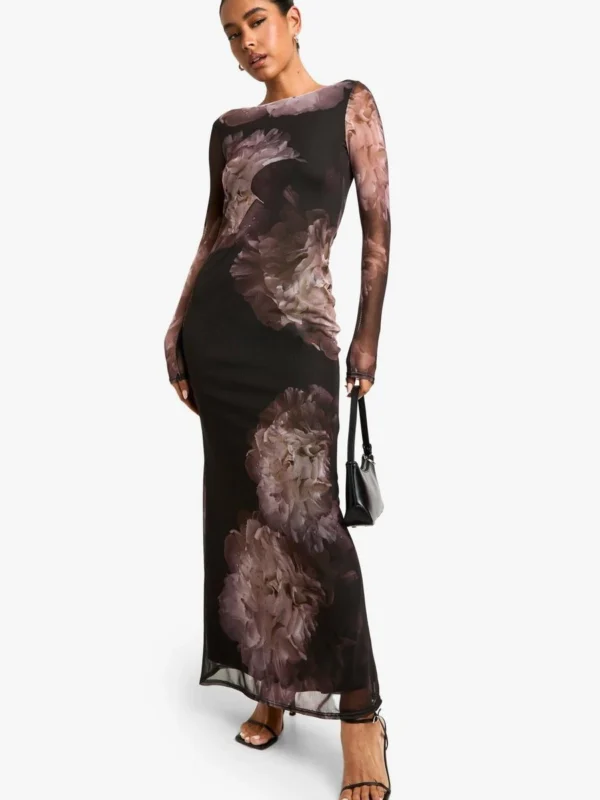 Outlet -BamBam Fashion Shop female black floral long sleeve mesh maxi dress