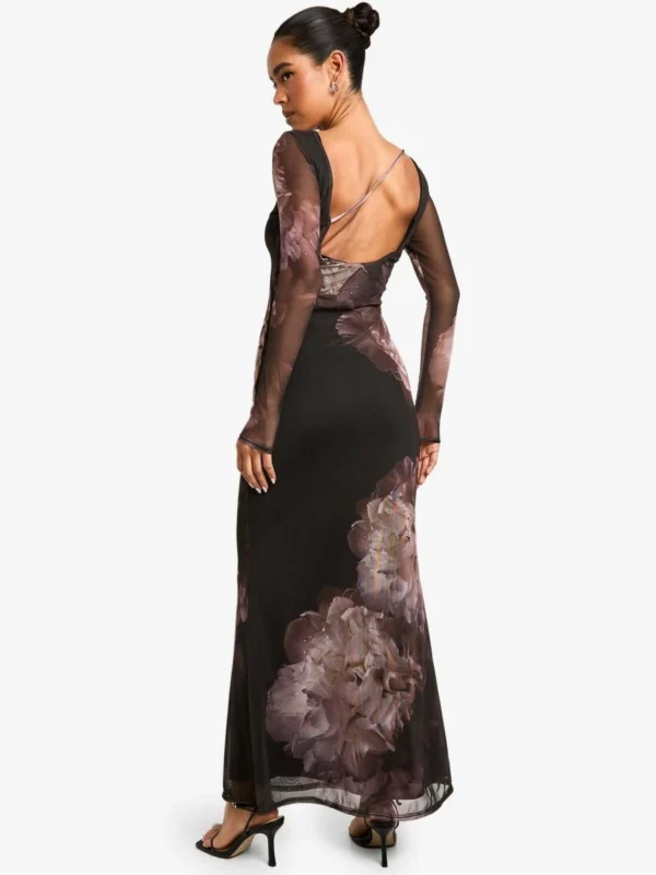 Outlet -BamBam Fashion Shop female black floral long sleeve mesh maxi dress 1 1