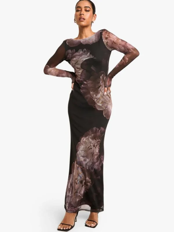 Outlet -BamBam Fashion Shop female black floral long sleeve mesh maxi dress 1 2