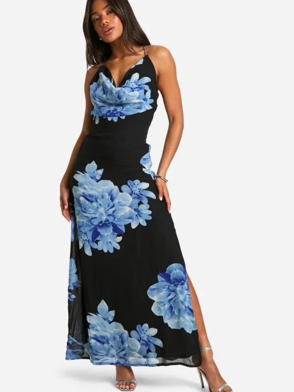 Outlet -BamBam Fashion Shop female black floral print cowl neck maxi dress