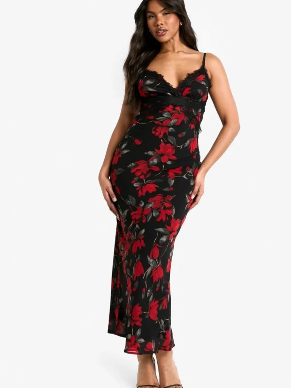 Outlet 10 Outlet -BamBam Fashion Shop female black floral print lace trim maxi dress