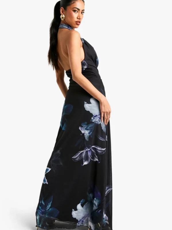 Outlet -BamBam Fashion Shop female black flower print gold trim maxi dress 1