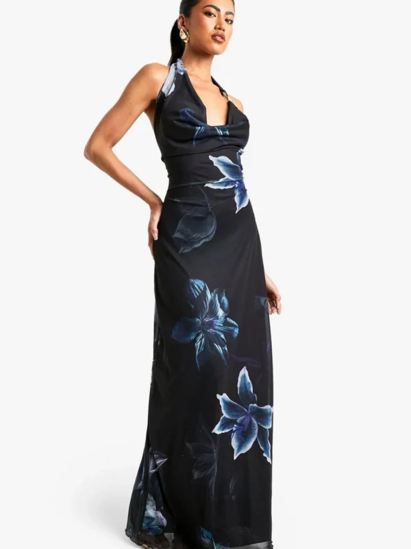 Outlet -BamBam Fashion Shop female black flower print gold trim maxi dress 2