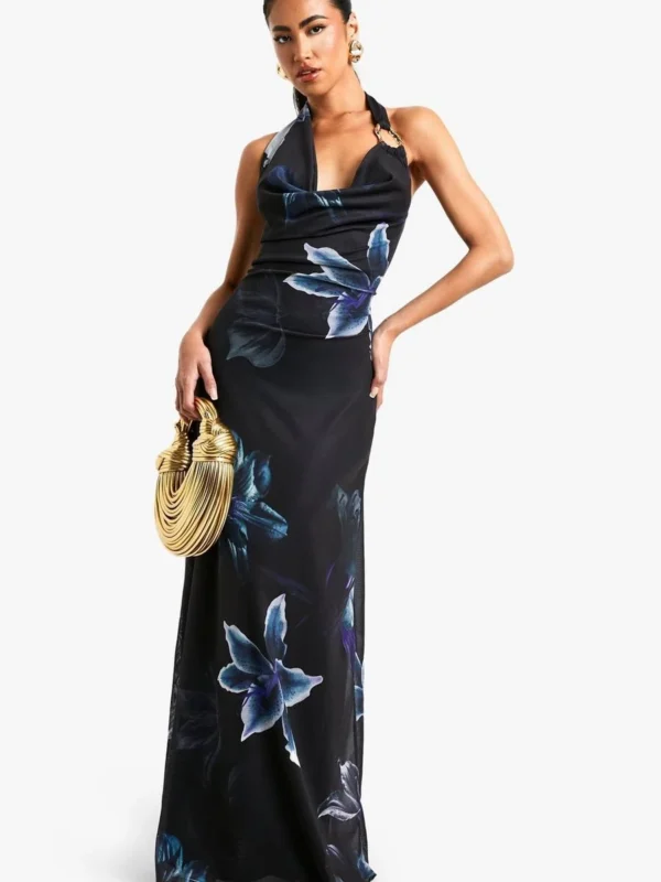 Outlet -BamBam Fashion Shop female black flower print gold trim maxi dress
