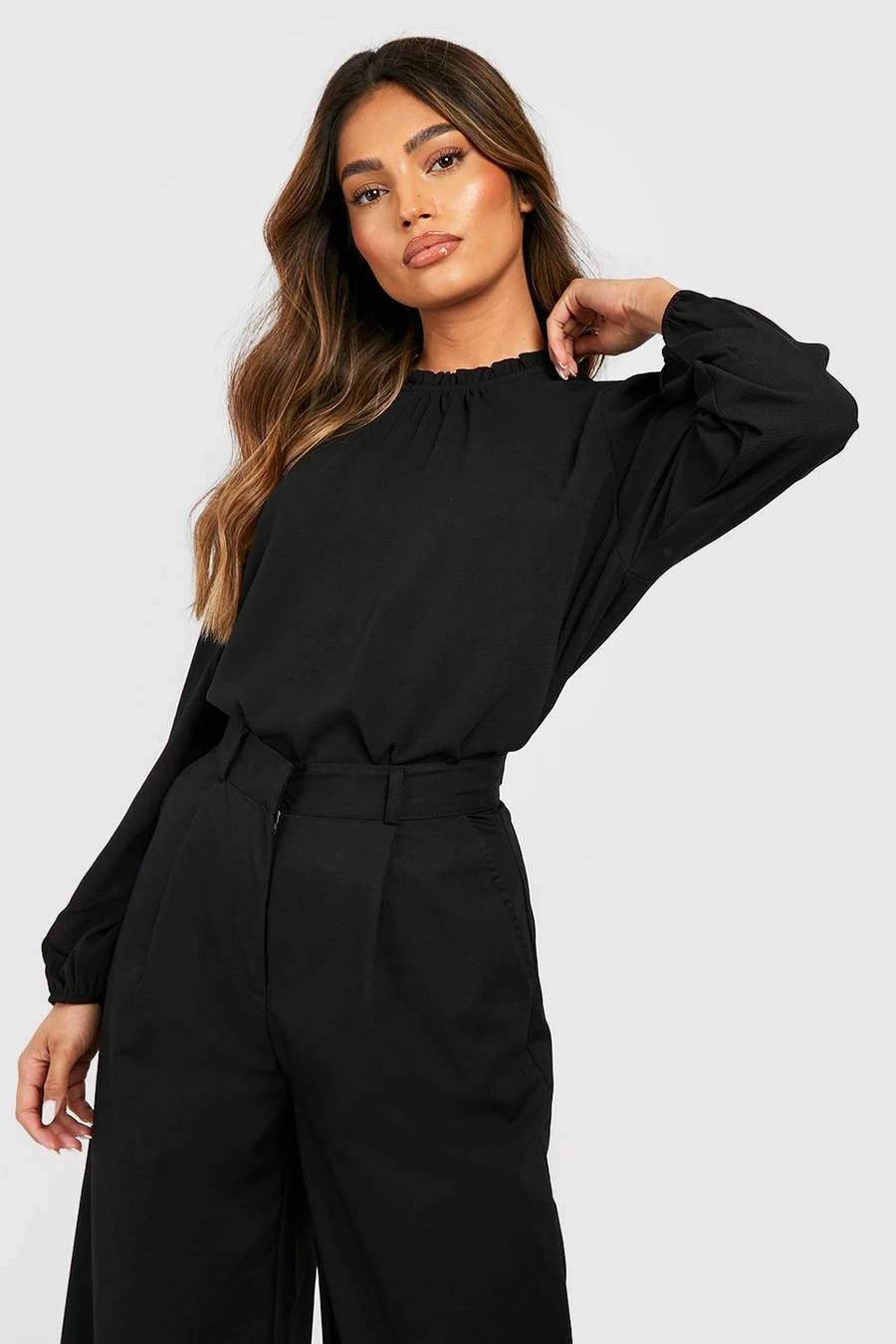 BOOHOO Black Frill Neck Long Sleeve Woven Blouse 3 BOOHOO Black Frill Neck Long Sleeve Woven Blouse - Image 3
