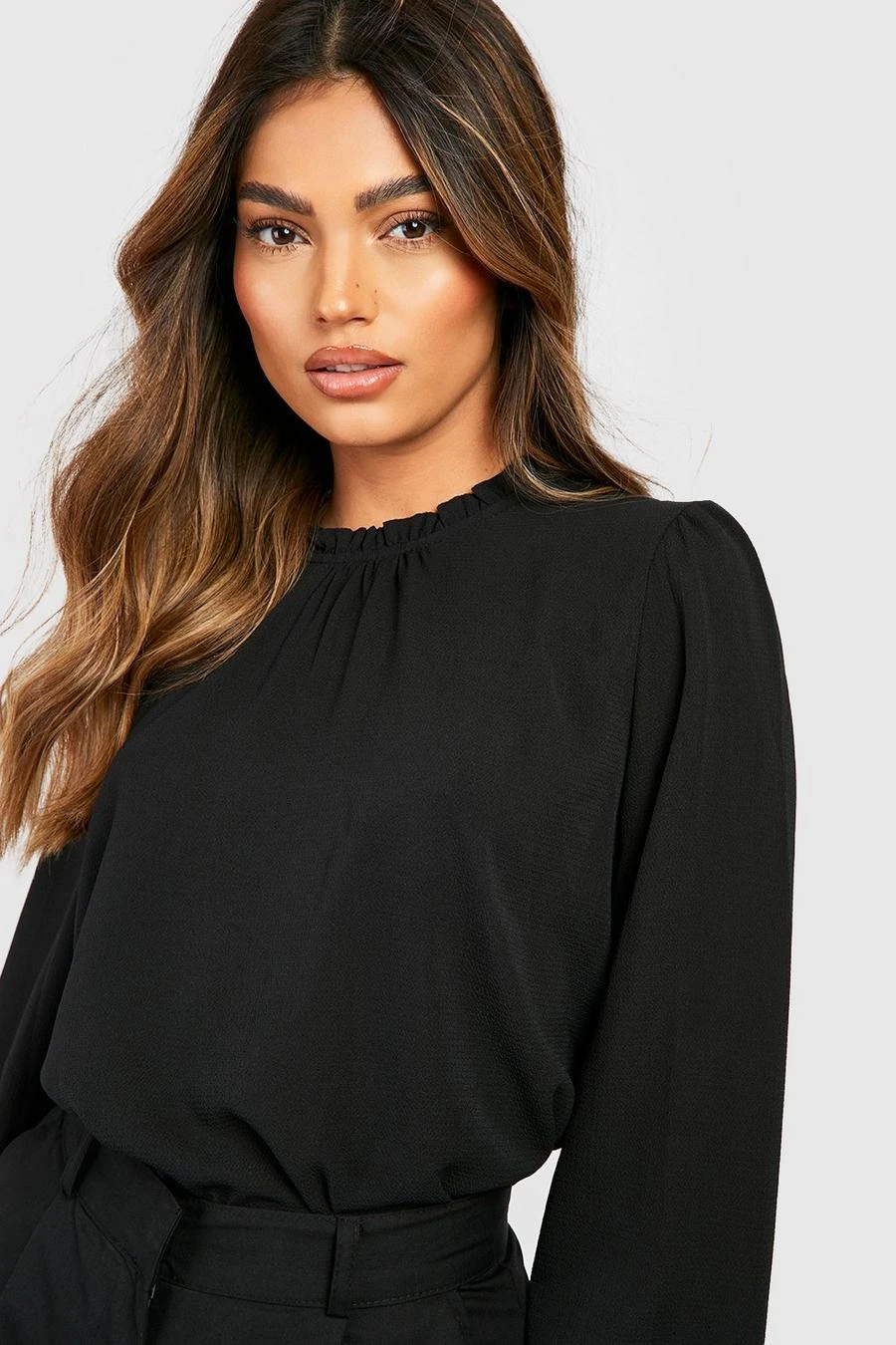 BOOHOO Black Frill Neck Long Sleeve Woven Blouse 4 BOOHOO Black Frill Neck Long Sleeve Woven Blouse - Image 4