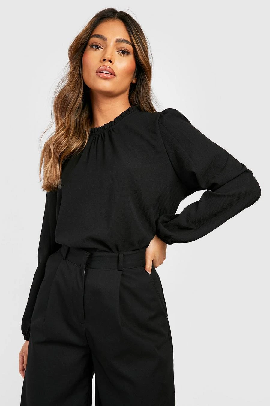 BOOHOO Black Frill Neck Long Sleeve Woven Blouse 1 BOOHOO Black Frill Neck Long Sleeve Woven Blouse
