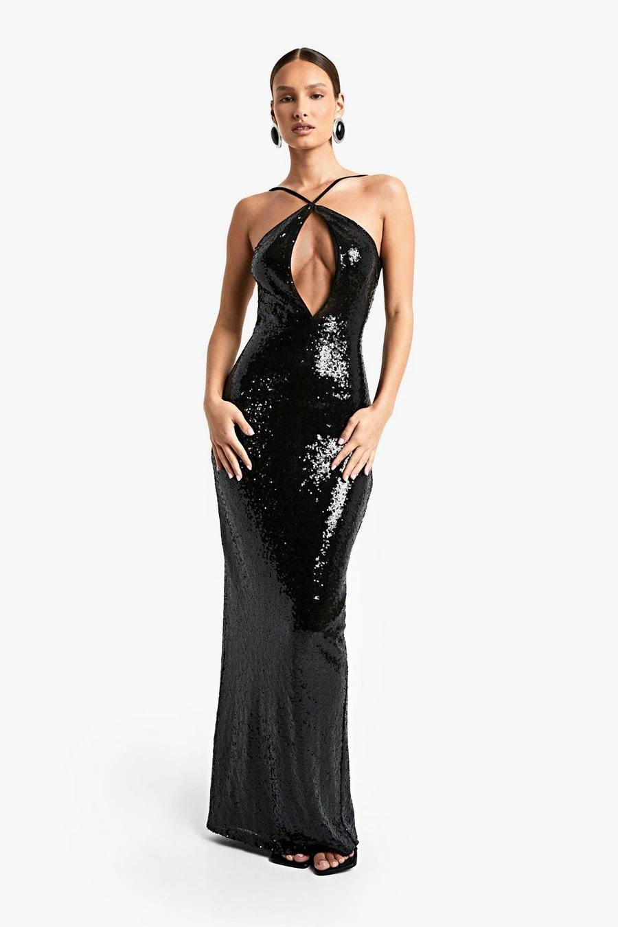 BOOHOO Halter Neck Cut Out Sequin Maxi Dress 3 BOOHOO Halter Neck Cut Out Sequin Maxi Dress - Image 3