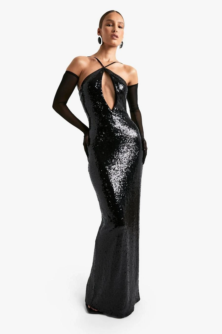BOOHOO Halter Neck Cut Out Sequin Maxi Dress 1 BOOHOO Halter Neck Cut Out Sequin Maxi Dress
