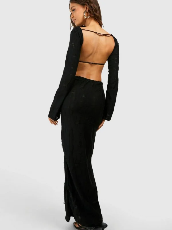 Outlet -BamBam Fashion Shop female black ladder knit open back maxi dress 1