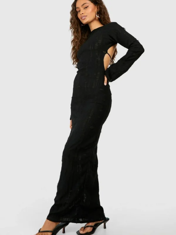 Outlet -BamBam Fashion Shop female black ladder knit open back maxi dress 2