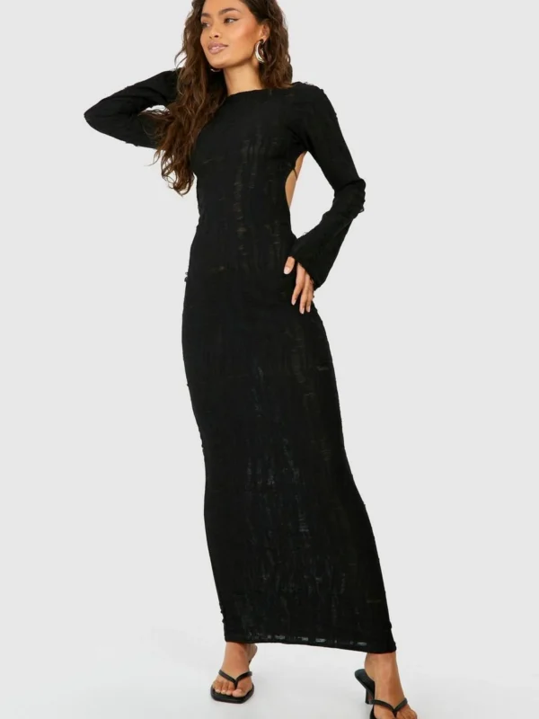 Outlet -BamBam Fashion Shop female black ladder knit open back maxi dress