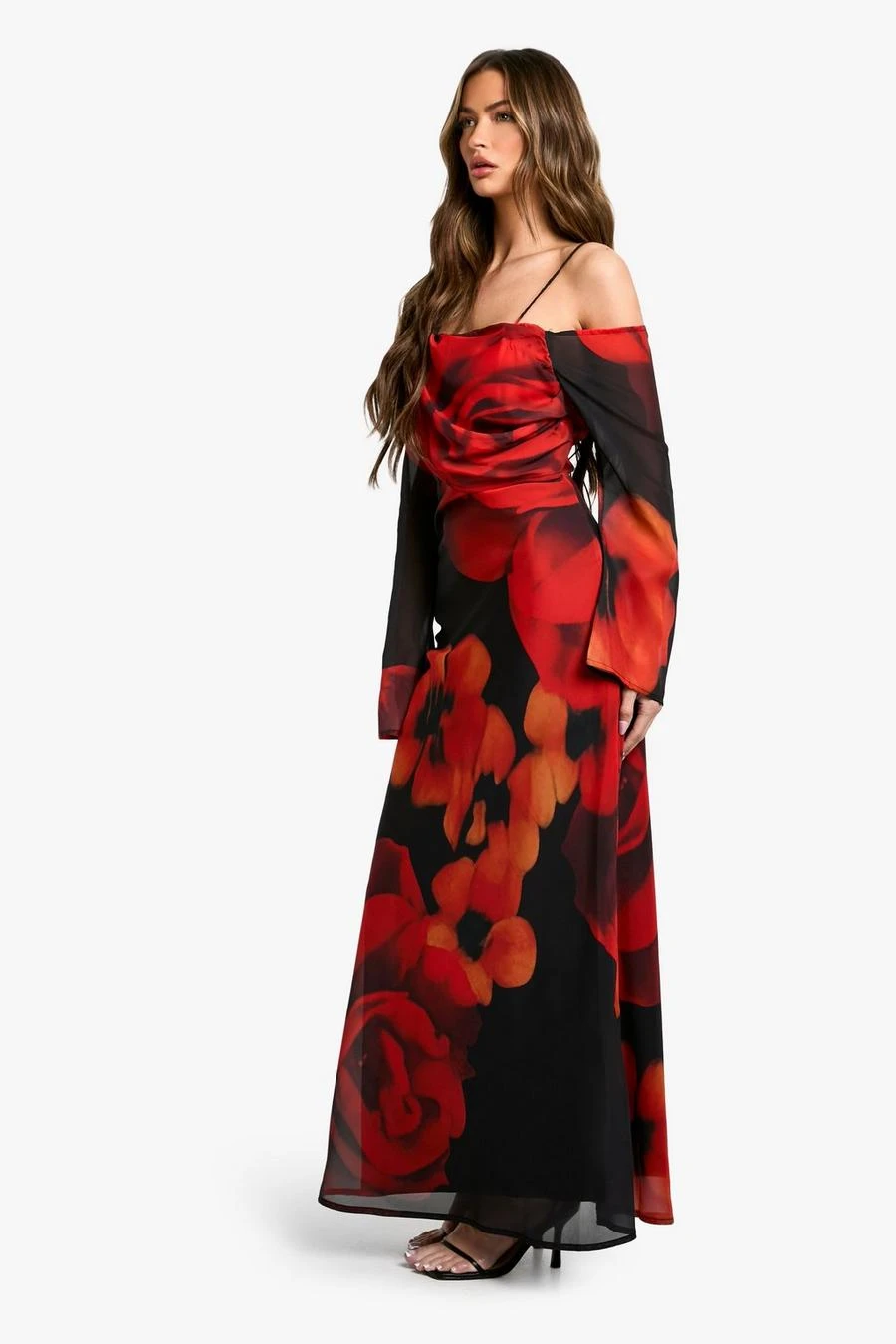 BOOHOO Large Floral Asymmetric Chiffon Maxi Dress 3 BOOHOO Large Floral Asymmetric Chiffon Maxi Dress - Image 3