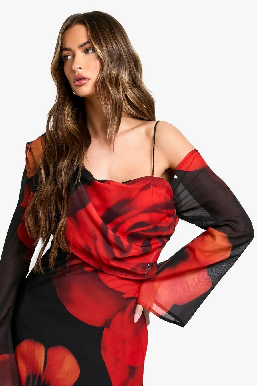 BOOHOO Large Floral Asymmetric Chiffon Maxi Dress 4 BOOHOO Large Floral Asymmetric Chiffon Maxi Dress - Image 4