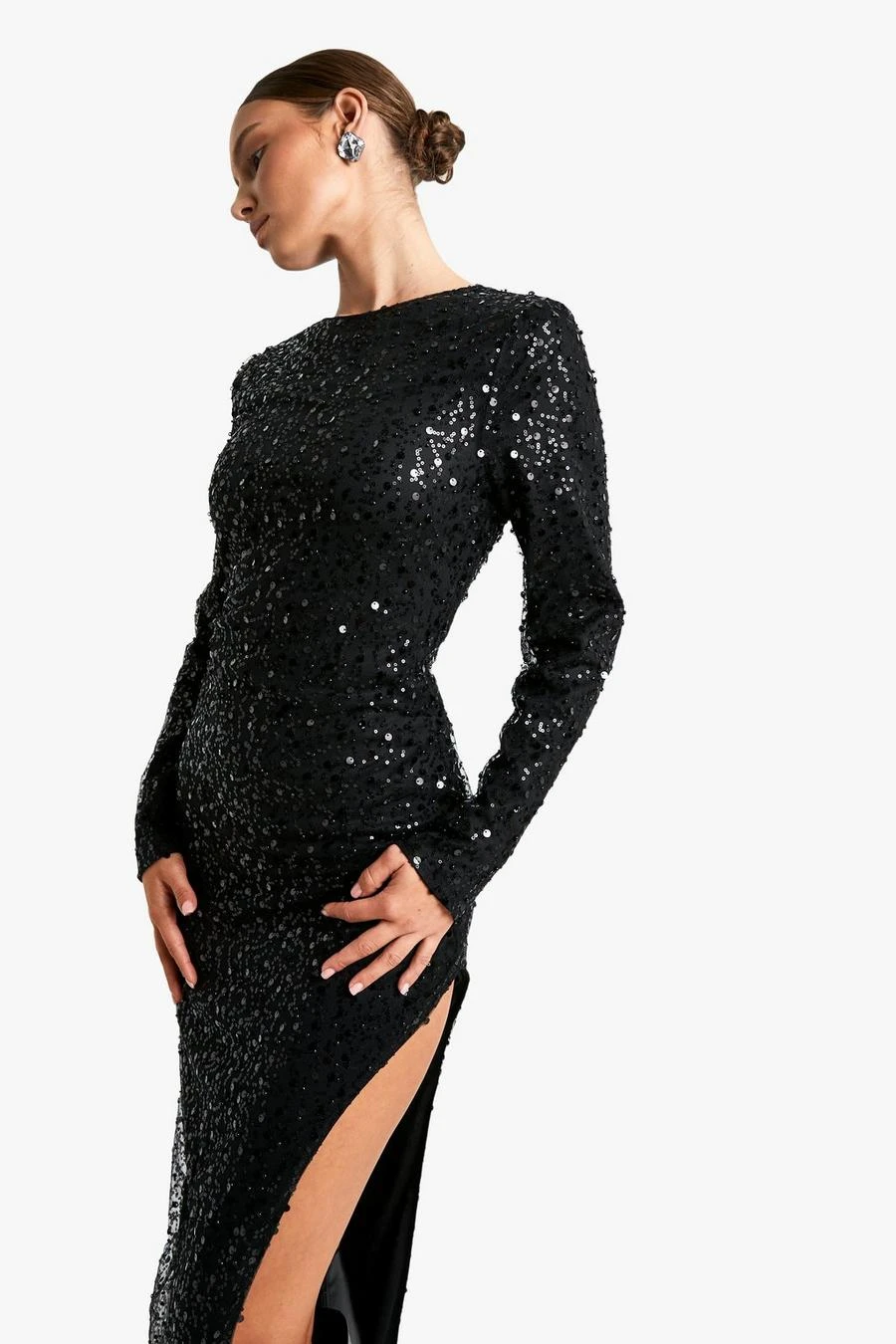 BOOHOO Long Sleeve Sequin Split Leg Maxi Dress 4 BOOHOO Long Sleeve Sequin Split Leg Maxi Dress - Image 4