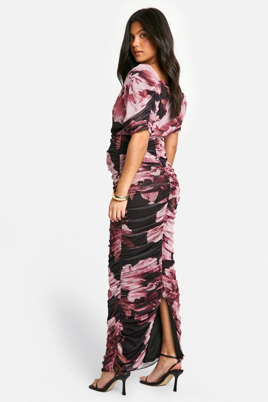 BOOHOO Maternity Mesh Floral Print Ruched Cowl Neck Short Sleeve Maxi Dress 2 BOOHOO Maternity Mesh Floral Print Ruched Cowl Neck Short Sleeve Maxi Dress - Image 2