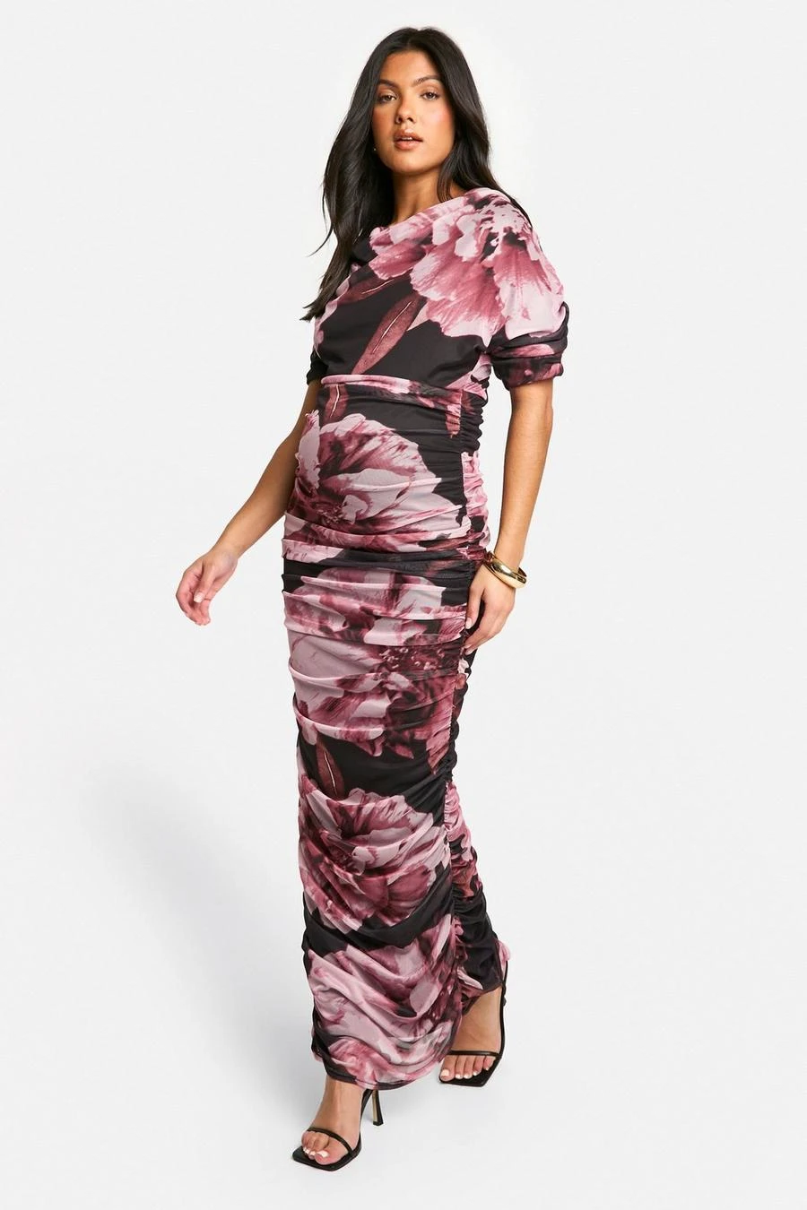 BOOHOO Maternity Mesh Floral Print Ruched Cowl Neck Short Sleeve Maxi Dress 3 BOOHOO Maternity Mesh Floral Print Ruched Cowl Neck Short Sleeve Maxi Dress - Image 3