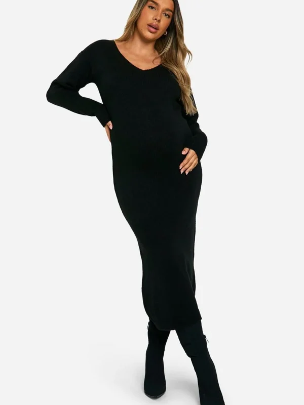 Outlet -BamBam Fashion Shop female black maternity slouchy soft knit maxi knitted dress