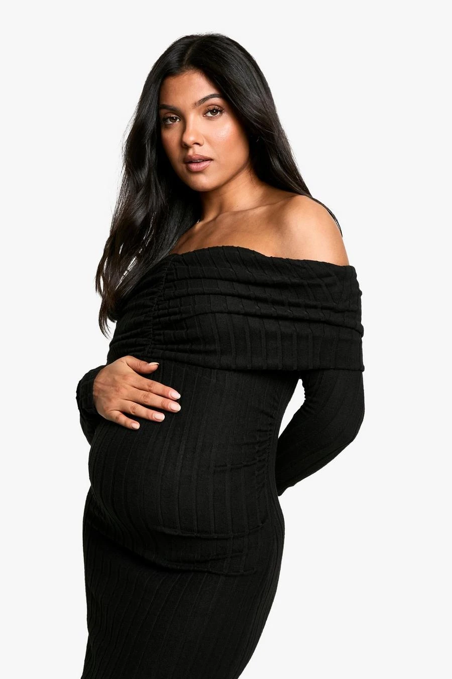 BOOHOO Maternity Textured Bardot Long Sleeve Maxi Dress 4 BOOHOO Maternity Textured Bardot Long Sleeve Maxi Dress - Image 4