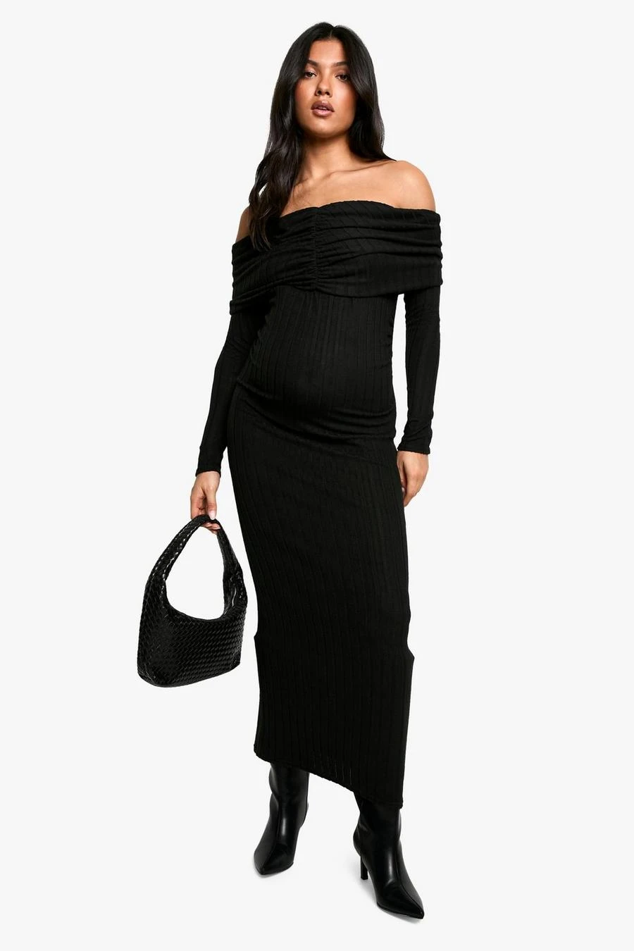 BOOHOO Maternity Textured Bardot Long Sleeve Maxi Dress 1 BOOHOO Maternity Textured Bardot Long Sleeve Maxi Dress