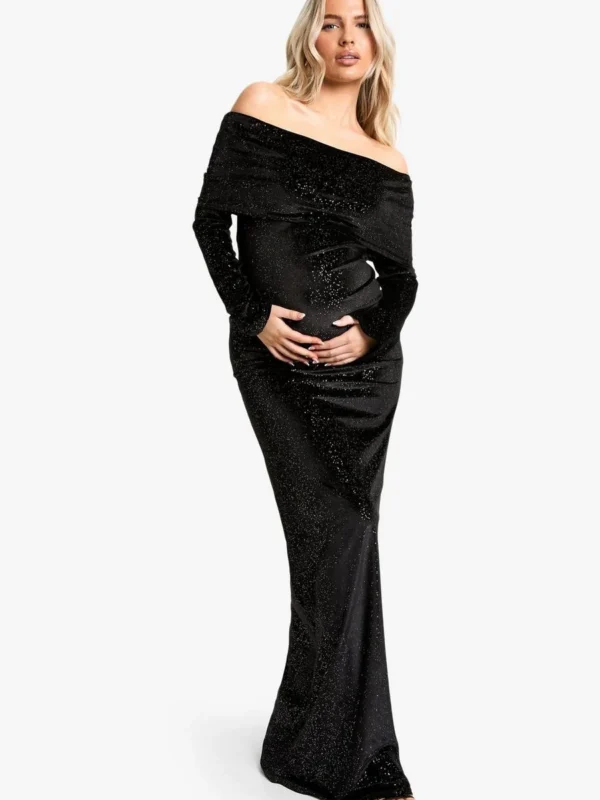 Outlet -BamBam Fashion Shop female black maternity velvet sequin bardot maxi dress
