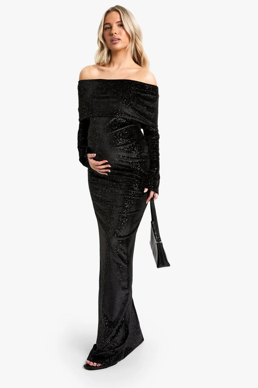 BOOHOO Maternity Velvet Sequin Bardot Maxi Dress 3 BOOHOO Maternity Velvet Sequin Bardot Maxi Dress - Image 3