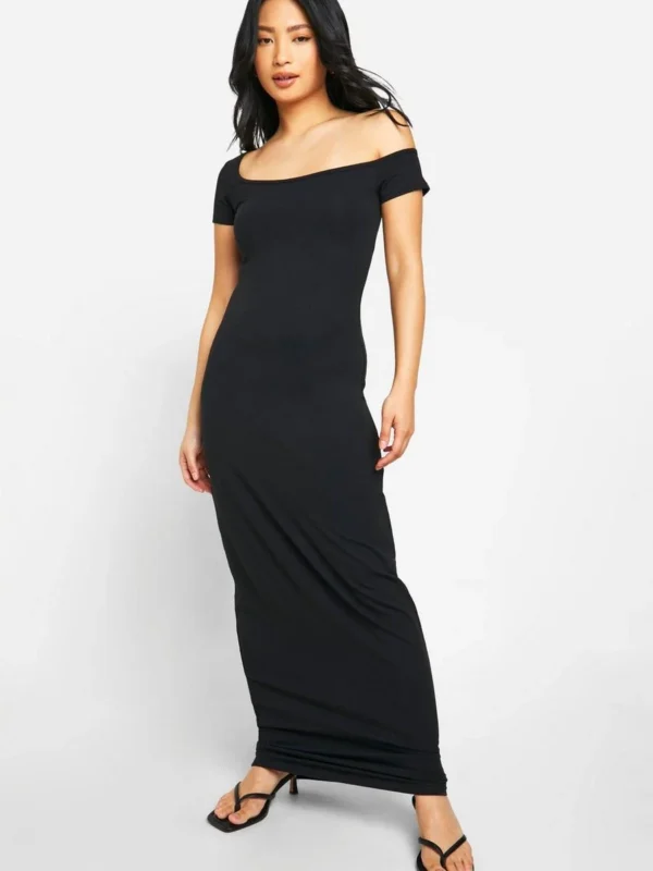 Outlet -BamBam Fashion Shop female black petite basic cotton asym neck bodycon maxi dress 2